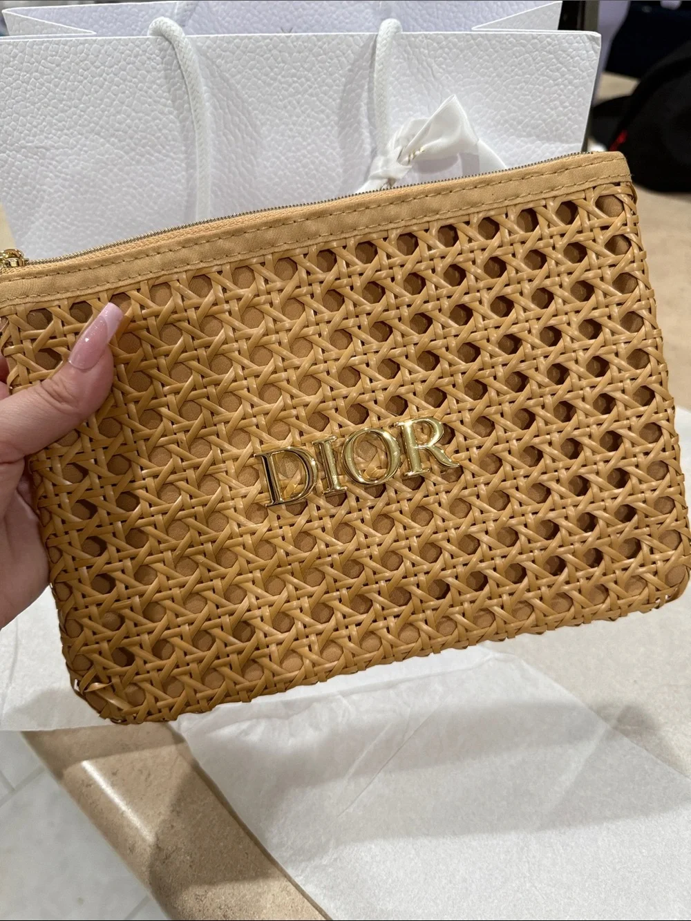 Dior Tan Woven Clutch with Gold DIOR Logo